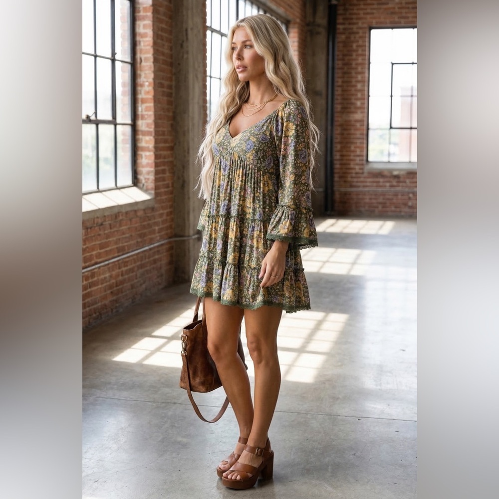 NWT Angie Clothing Boho Bell Sleeve Smocked Mini Dress - Picture 14 of 14